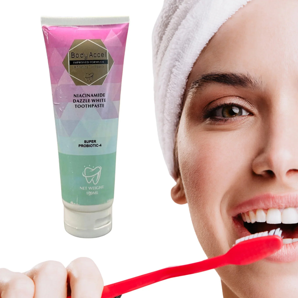 Body Accel Whitening Toothpaste 100ml Niacinamide & Probiotics Advanced Stain Removal & Long-Lasting Fresh Breath