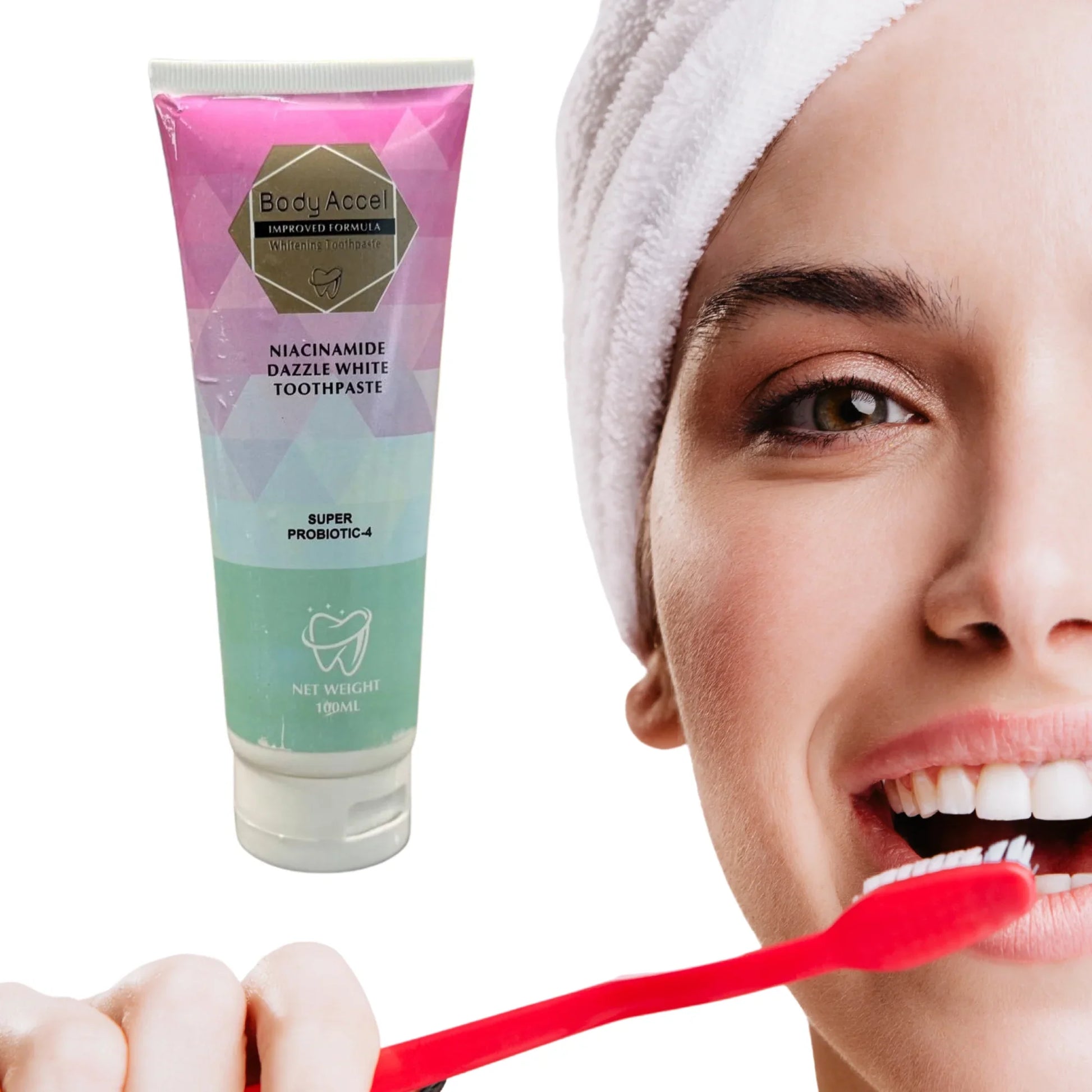 Body Accel Whitening Toothpaste 100ml Niacinamide & Probiotics Advanced Stain Removal & Long-Lasting Fresh Breath